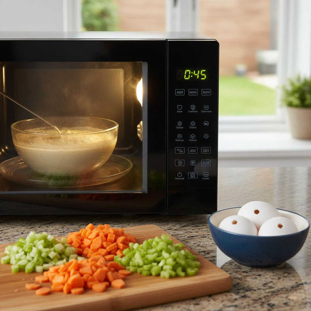 trứng đâm lỗ trước khi đưa vào lò vi sóng