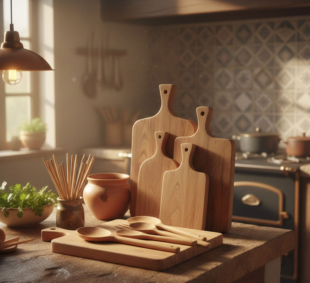 Đồ gỗ và tre truyền thống đặt trên mặt bếp sang trọng