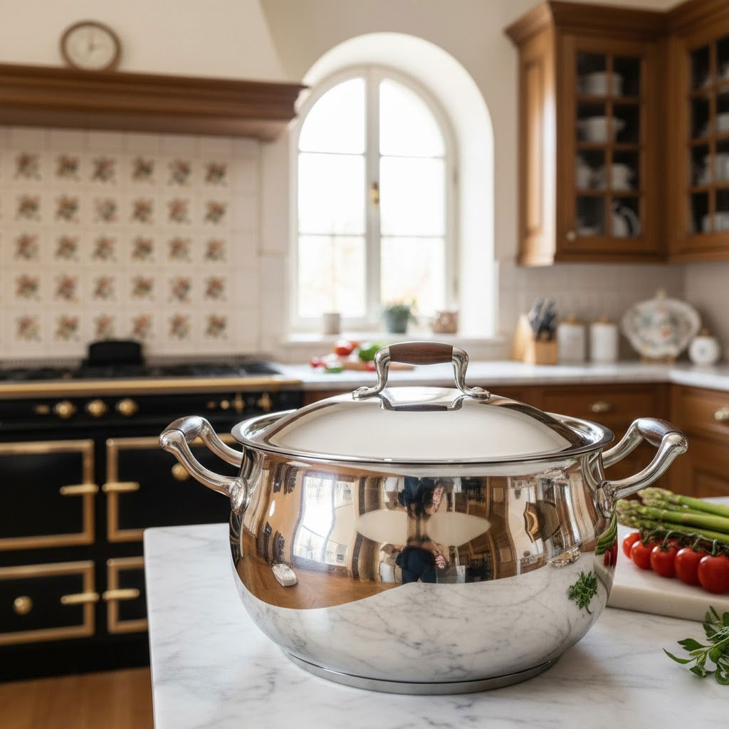 ánh sáng phản chiếu trên bề mặt nồi inox 18/10 sang trọng