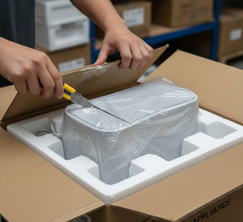 Mở kiện nhẹ nhàng, thấy lớp xốp bảo vệ dày và thiết bị còn bọc nilon