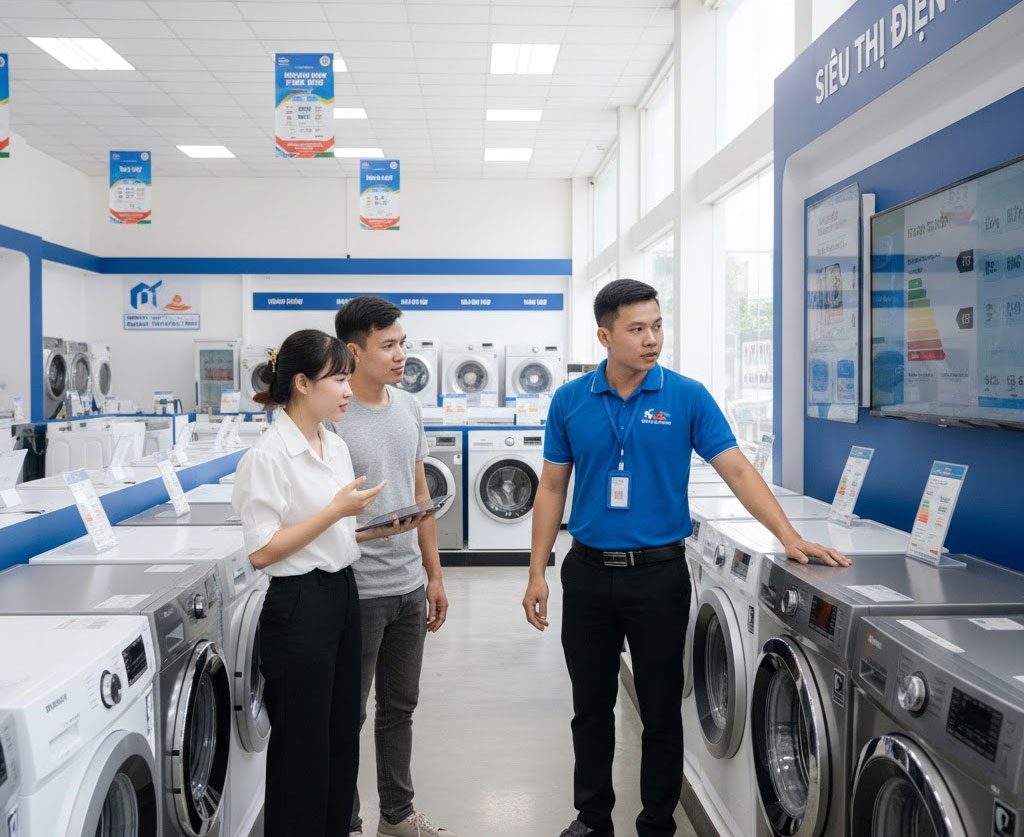 Chuyên viên kỹ thuật tư vấn chọn máy giặt tại showroom