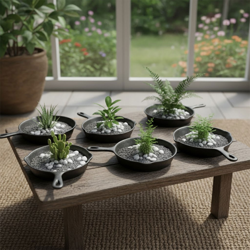 bàn gỗ đặt chảo cây mini xen kẽ cao thấp></p><p style=