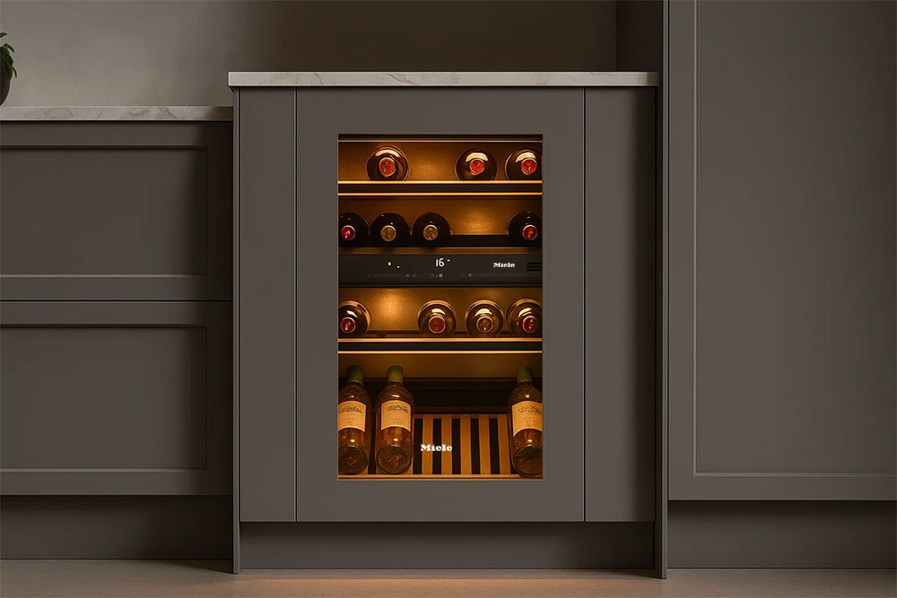 Căn bếp hiện đại với tủ rượu Miele âm tường, ánh đèn vàng phản chiếu lên các chai rượu đặt ngang