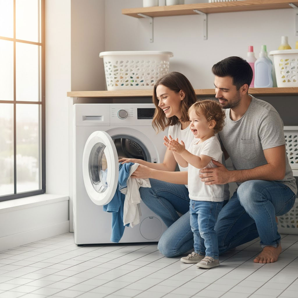 Gia đình trẻ bên máy giặt lồng ngang, trẻ nhỏ cười tươi