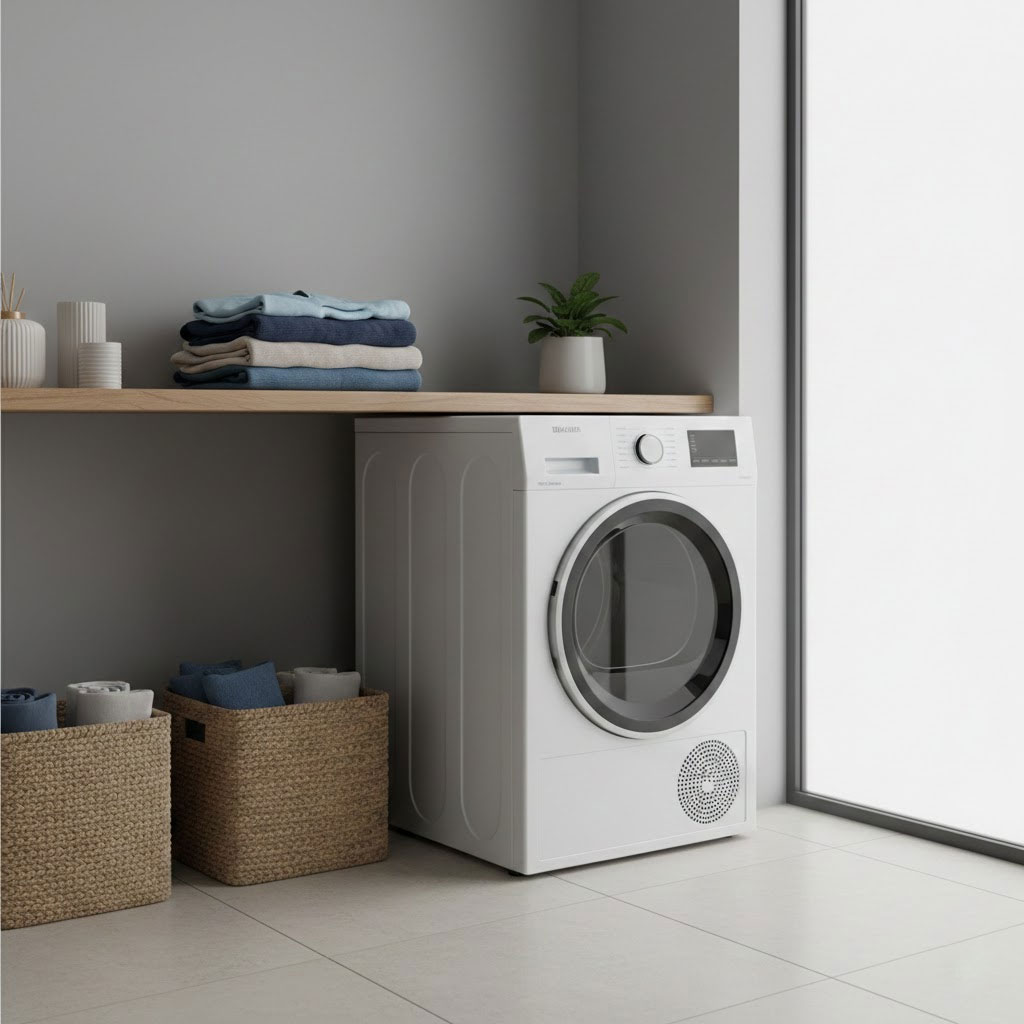Máy sấy châu Âu trong không gian giặt phơi hiện đại, quần áo khô gọn
