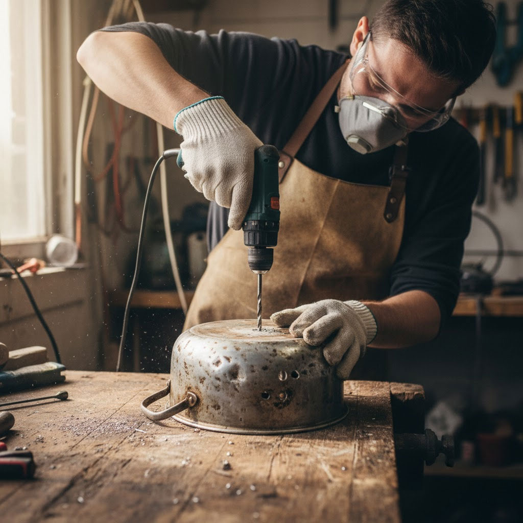 khoan lỗ thoát nước đáy nồi chảo cũ