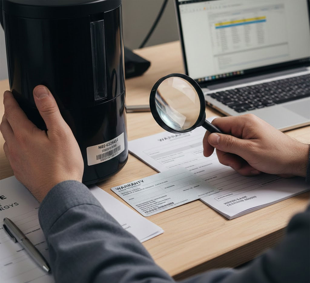 Đối chiếu số seri thiết bị với phiếu bảo hành và sách hướng dẫn chính hãng