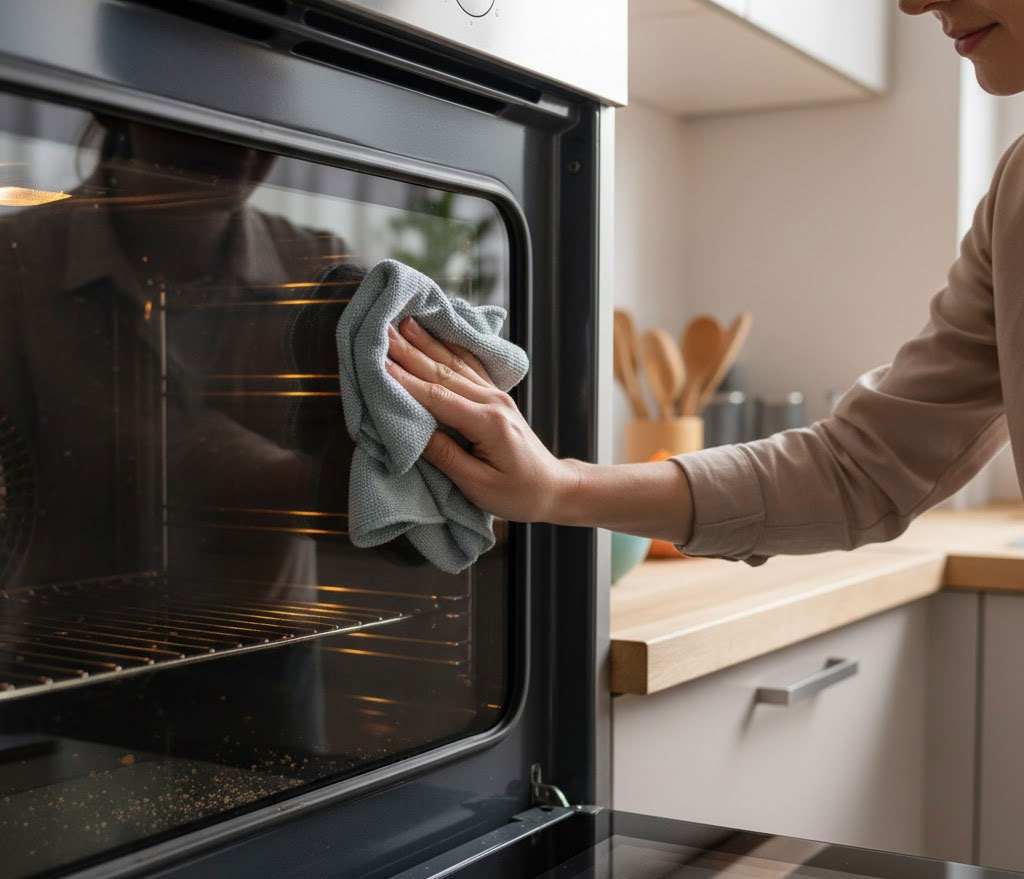 người lau mặt trong lò bằng khăn mềm