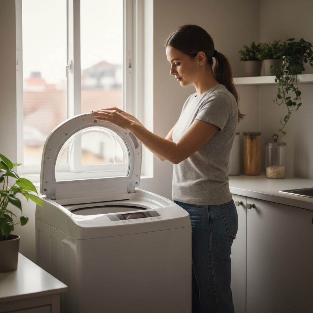 Người nội trợ mở nắp máy giặt cửa trên trong căn hộ nhỏ gọn