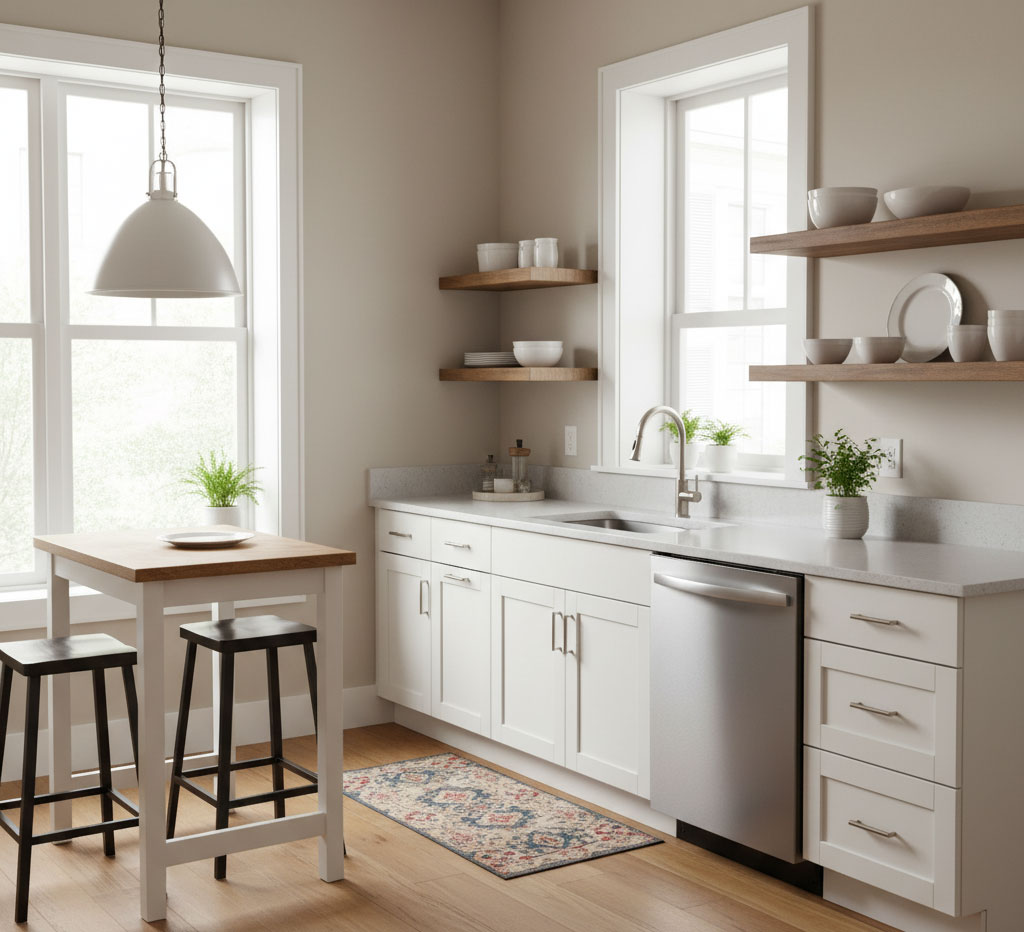 Căn bếp nhỏ bố trí gọn gàng với máy rửa bát độc lập cạnh tủ bếp 