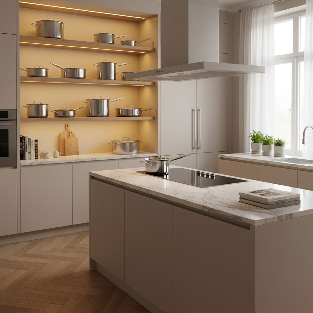 gian bếp hiện đại với bộ nồi chảo inox sáng bóng