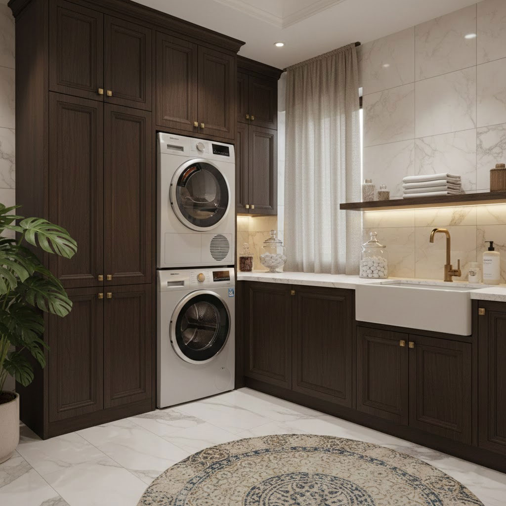 Không gian phòng giặt cao cấp với máy giặt hiện đại