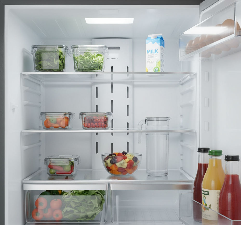 tủ lạnh với các hộp thực phẩm sắp xếp thưa thông thoáng