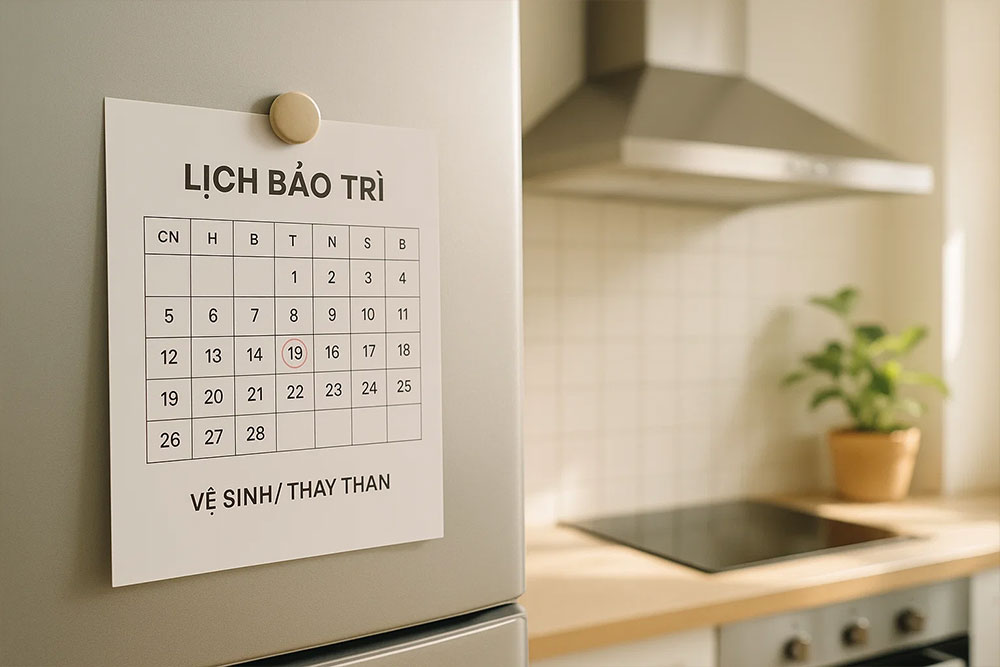 Kiểm tra định kỳ lưới lọc, bộ lọc than, quạt hút, đường ống mỗi 6–12 tháng