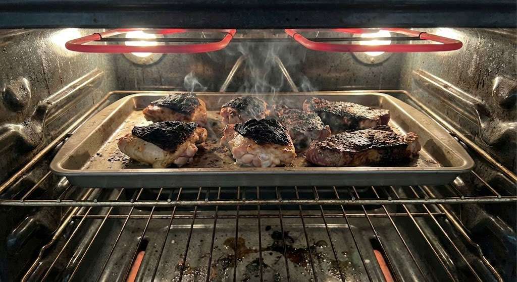 Khay nướng đặt quá cao, sát thanh nhiệt trên, khiến bề mặt thịt cháy xém