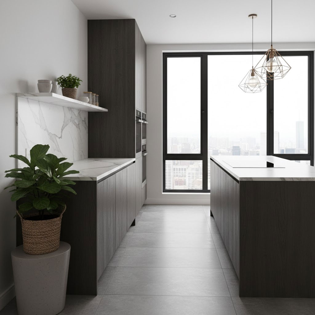 bếp hiện đại với cây nhỏ trang trí cạnh bếp