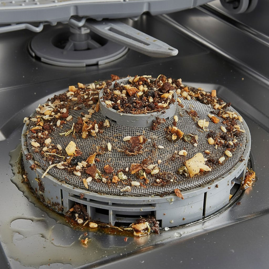 Bộ lọc máy rửa bát chứa vụn thức ăn và cặn bám