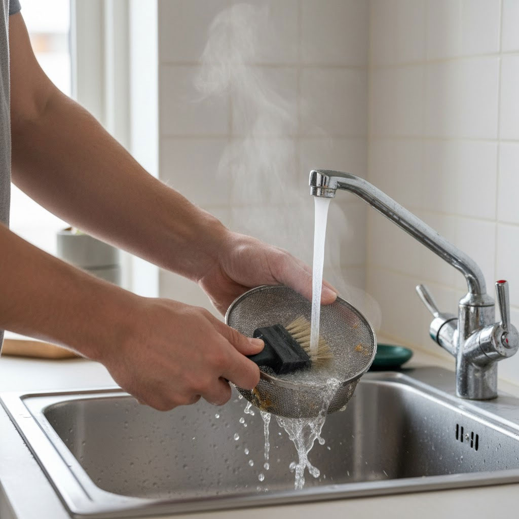 Người dùng tháo bộ lọc máy rửa bát để vệ sinh bằng nước nóng