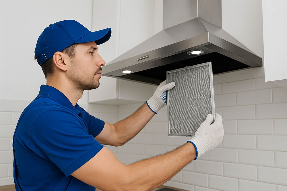 Kỹ thuật viên đang vệ sinh máy hút mùi gắn tường