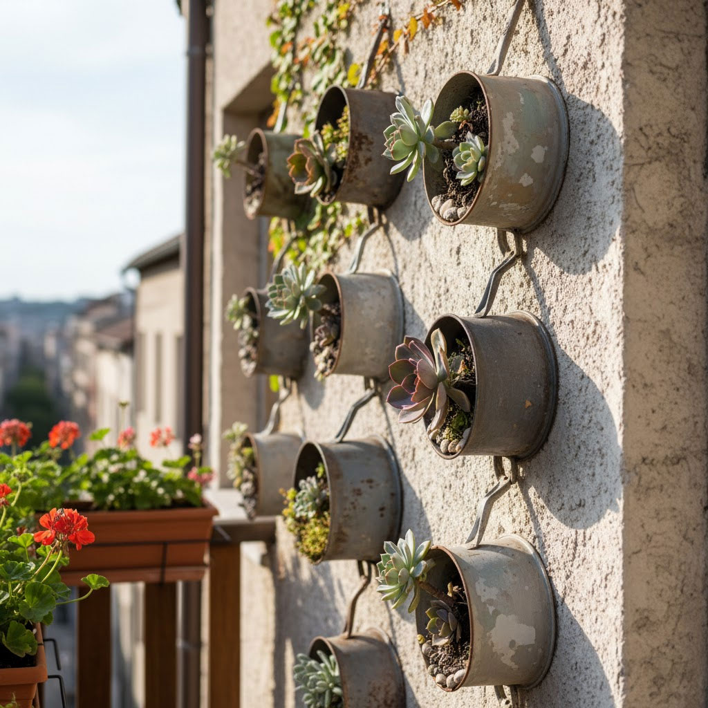 chảo cũ treo ban công trồng sen đá