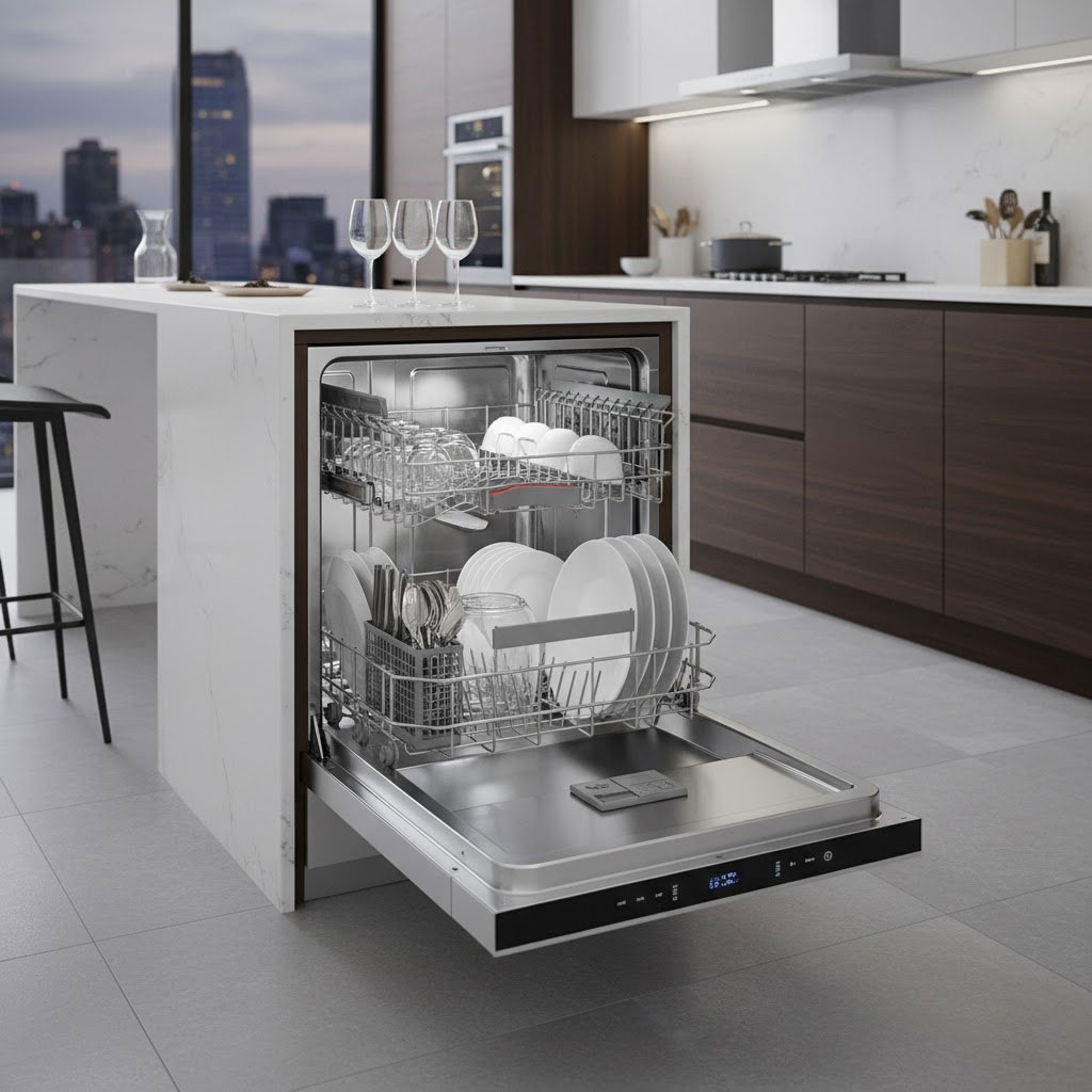 Máy rửa bát hiện đại trong bếp sang trọng, khoang chứa bát đĩa sạch bóng