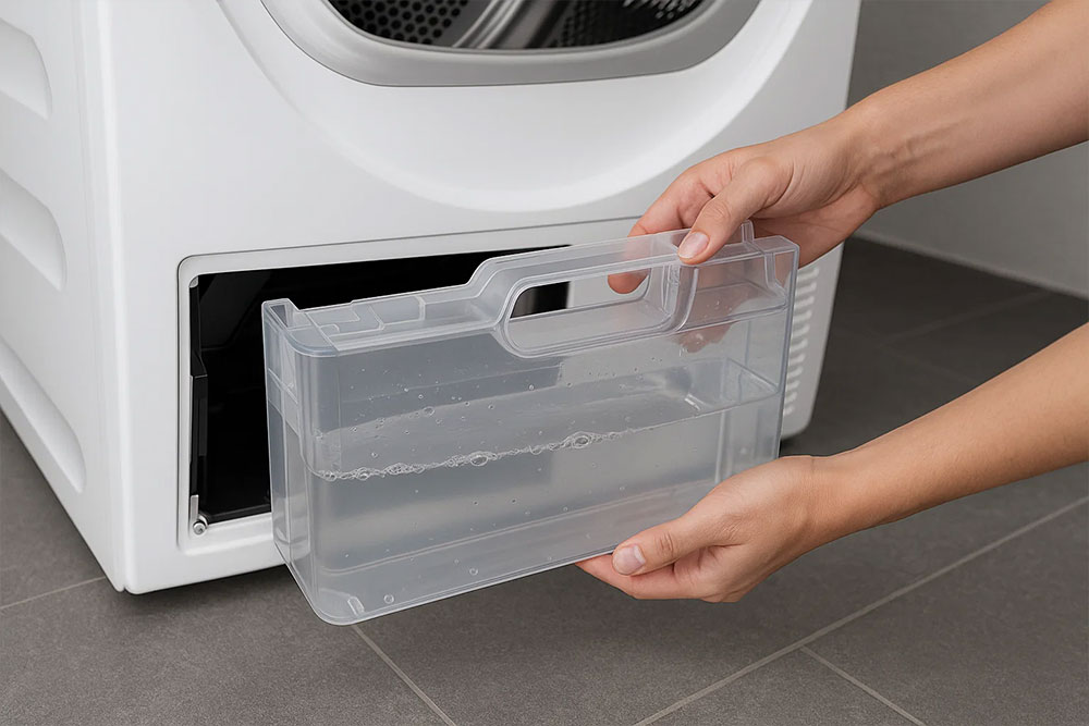 Tháo khay chứa nước từ máy sấy ngưng tụ