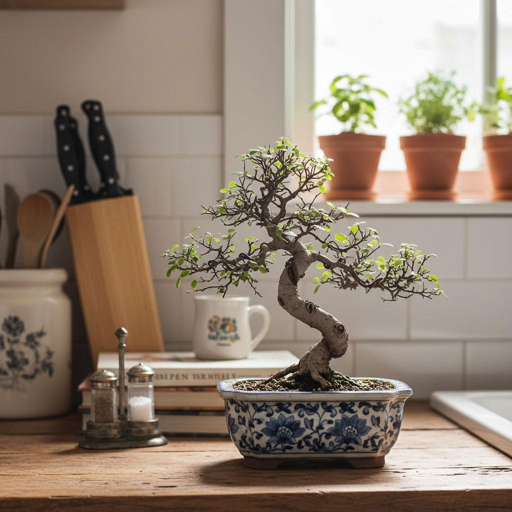 bonsai mini đặt trong chậu sứ trang trí bếp