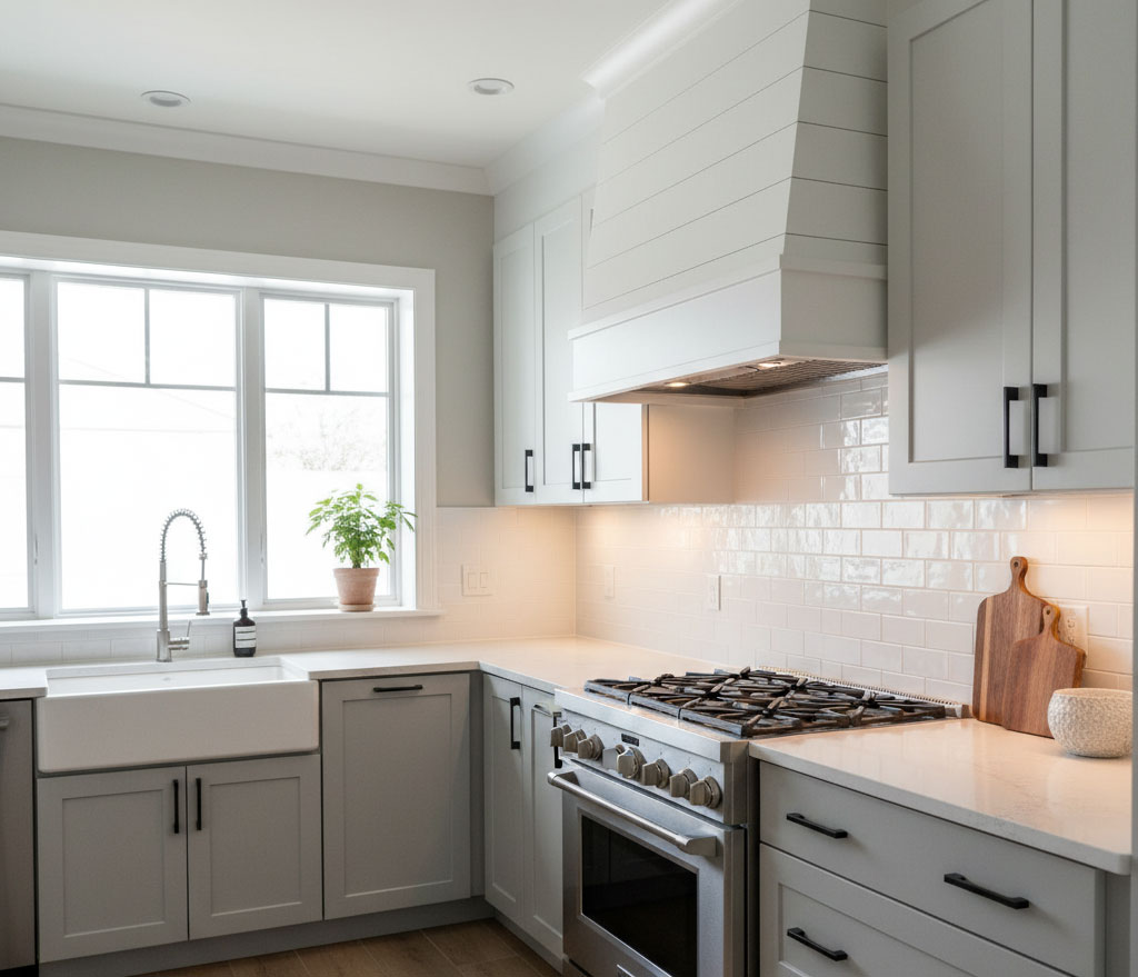 máy hút mùi hoàn thiện và đường ống đã được che phủ trang nhã