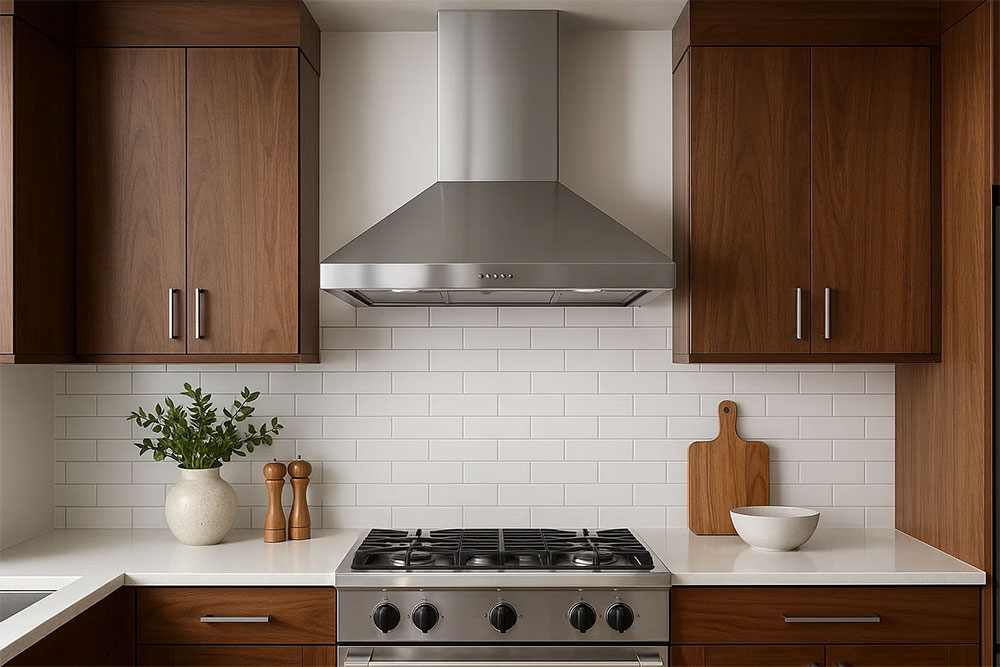 Máy hút mùi gắn tường bằng inox nổi bật trong căn bếp hiện đại
