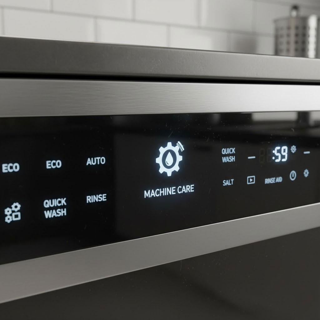 Biểu tượng chương trình vệ sinh máy trên bảng điều khiển máy rửa bát