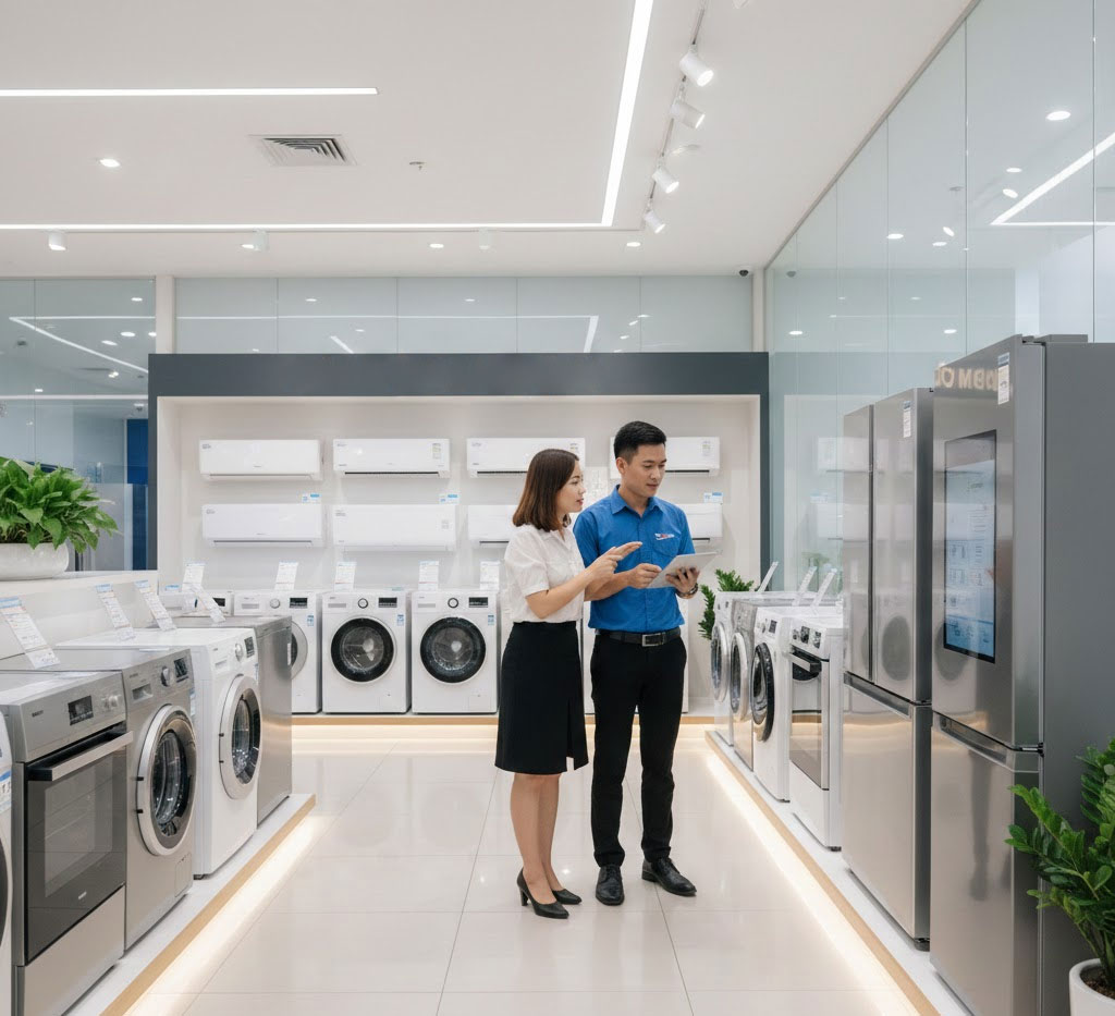 Nhân viên tư vấn giới thiệu thiết bị tại showroom không gian trưng bày sang trọng