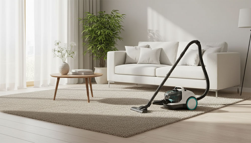 Phòng khách hiện đại, máy hút bụi châu Âu đặt gọn gàng, ánh sáng nhẹ nhàng thể hiện phong cách