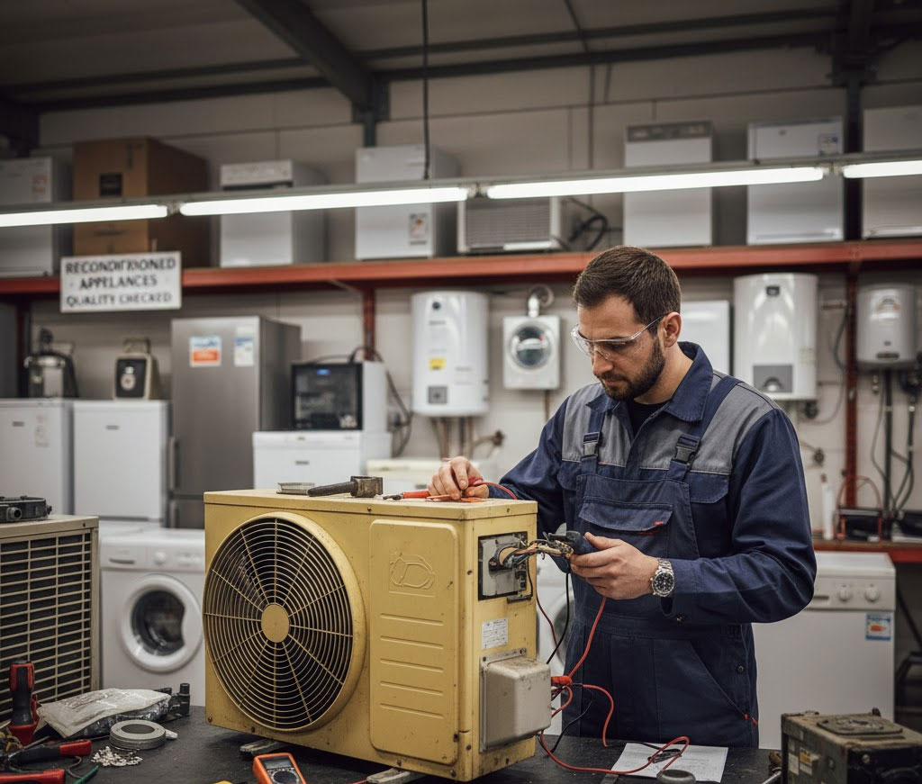 kỹ thuật viên kiểm tra thiết bị điện lạnh đã qua sử dụng