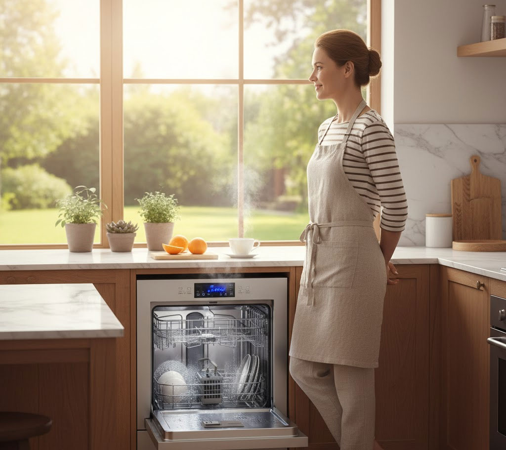 Người nội trợ đứng thư thái bên máy rửa bát đang vận hành