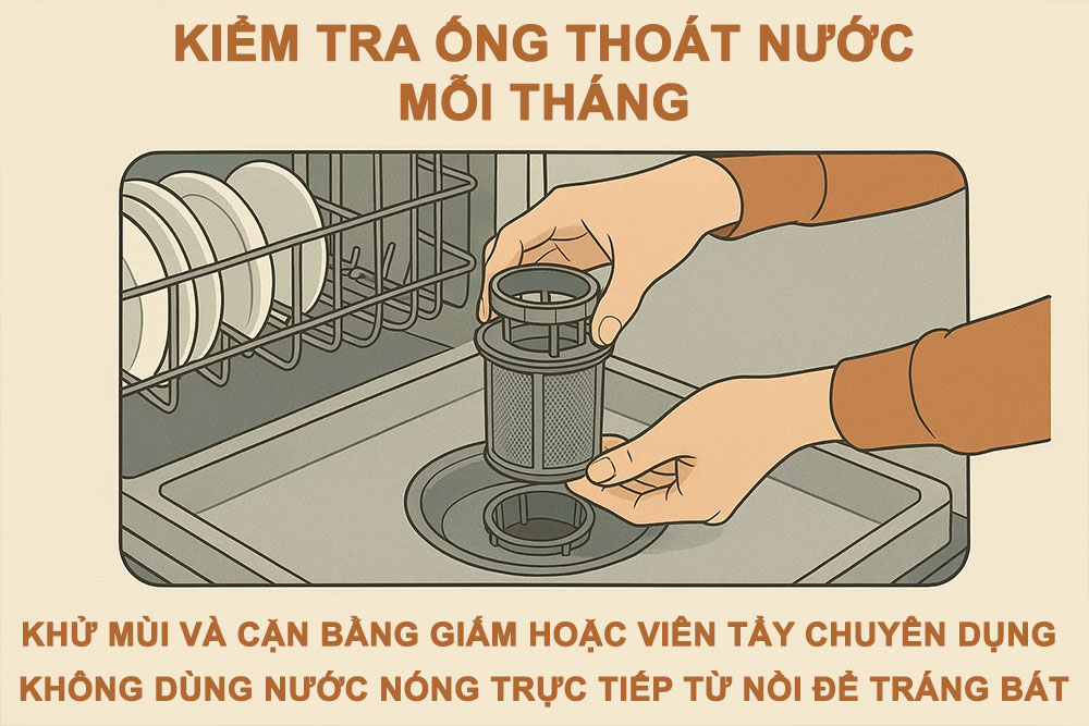 Người dùng vệ sinh lưới lọc máy rửa bát định kỳ