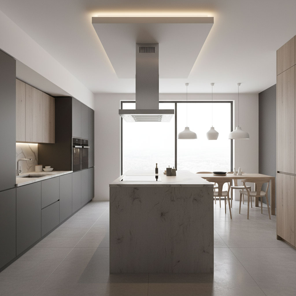 Máy hút mùi nhập khẩu châu Âu trong căn bếp hiện đại với vỏ inox