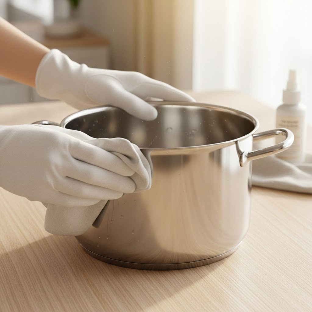 lau khô nồi inox bằng khăn mềm trong căn bếp sáng