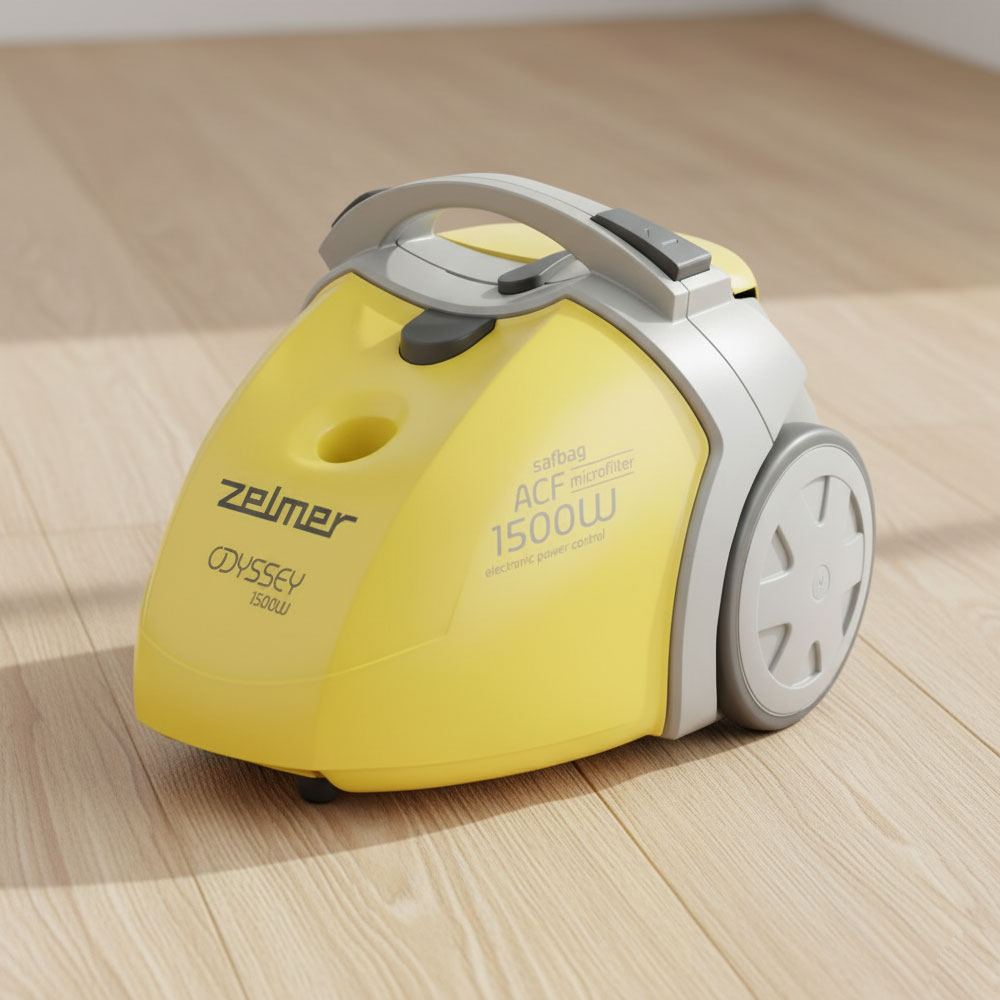 Máy Zelmer 450.0 EH Yellow nổi bật trên nền sàn gỗ sáng