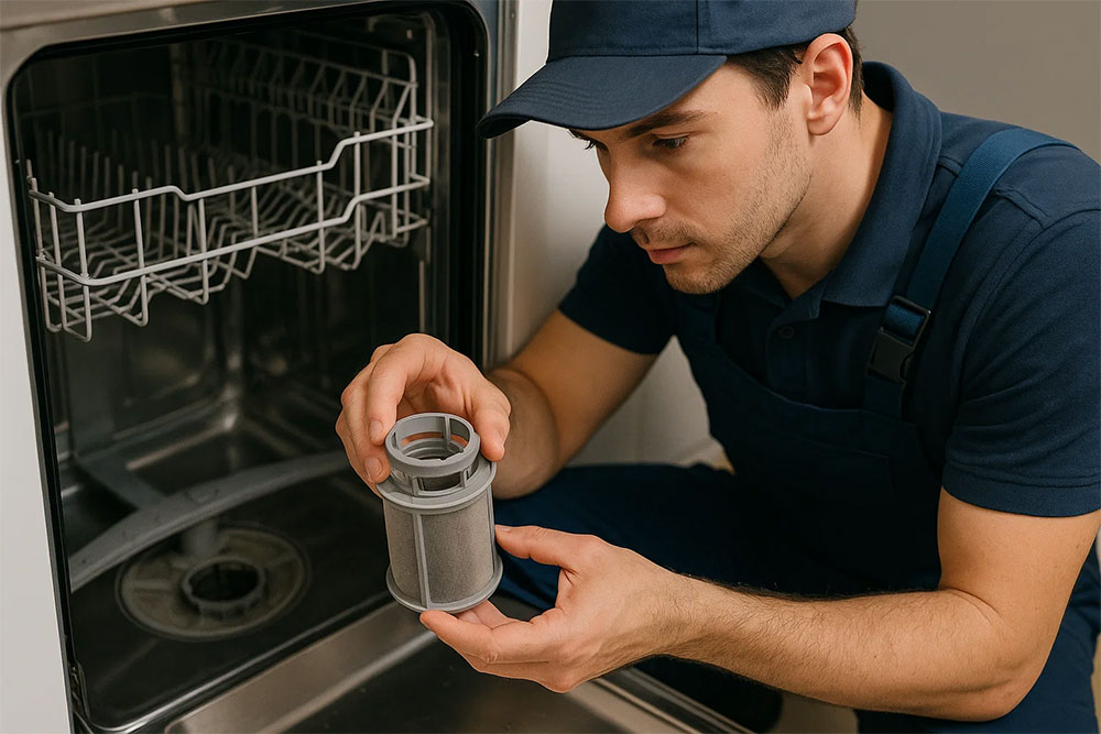 Kỹ thuật viên đang kiểm tra bộ lọc máy rửa bát