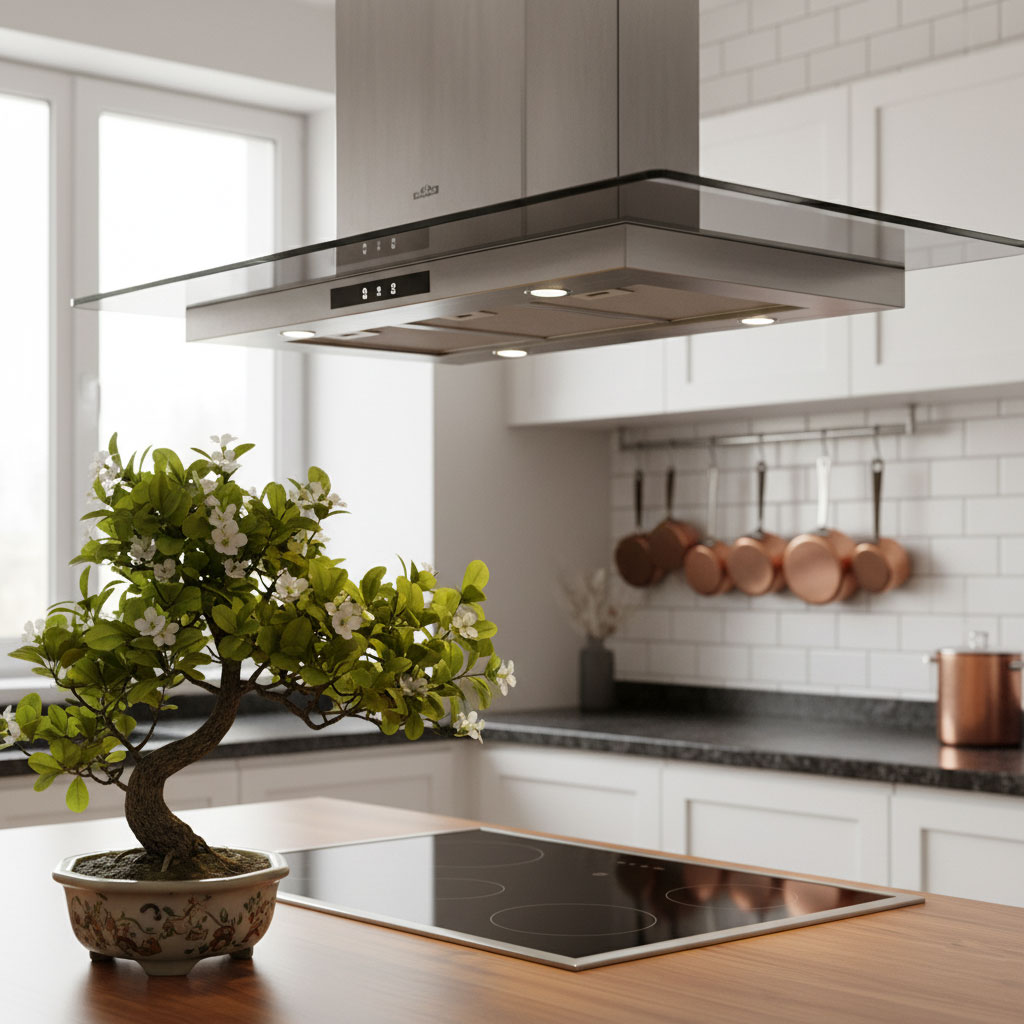 cây cảnh nhỏ trang trí gần bếp, không che máy hút mùi