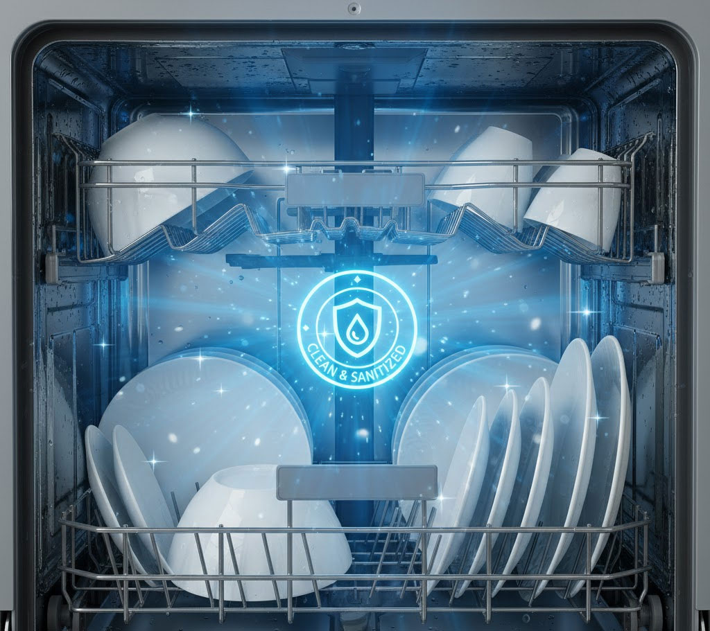 Bát đĩa trong khoang máy với hiệu ứng ánh sáng biểu thị diệt khuẩn