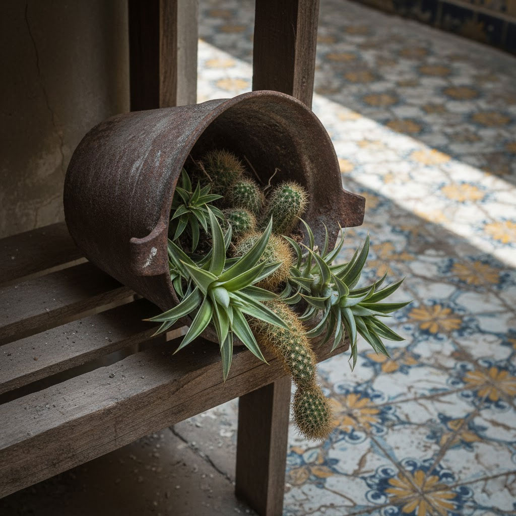 nồi gang cũ đặt trên kệ gỗ trồng xương rồng mini