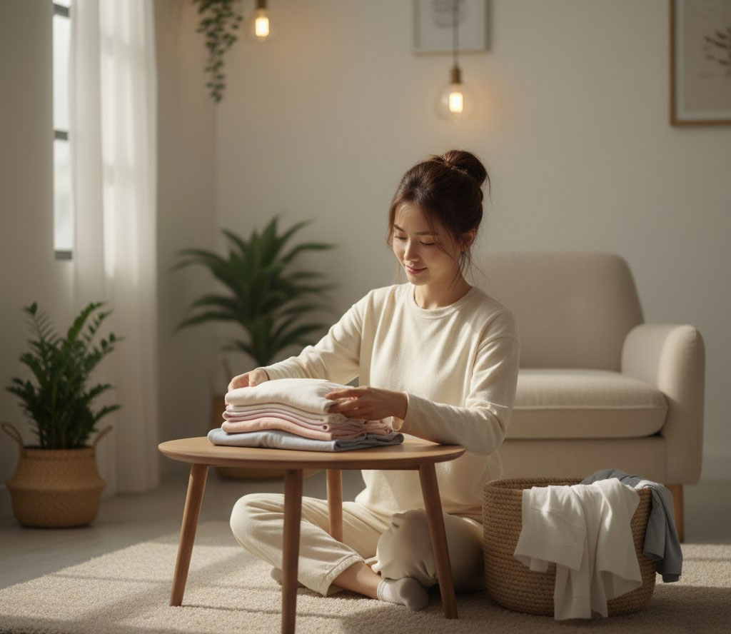Người phụ nữ đang nhẹ nhàng gấp quần áo thơm tho vừa sấy xong
