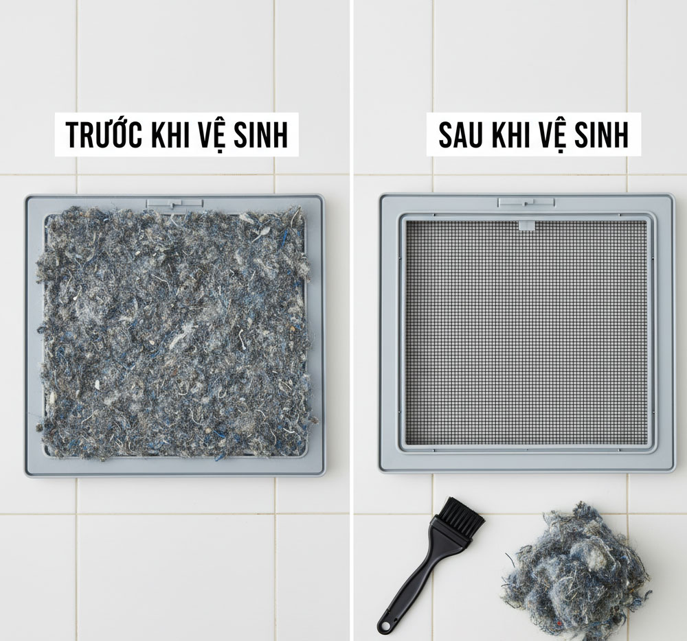 bộ lọc xơ vải của máy sấy trước và sau khi vệ sinh
