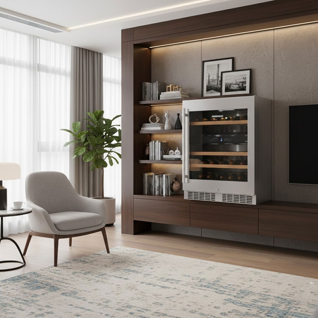 Góc phòng khách tinh tế với tủ rượu sang trọng