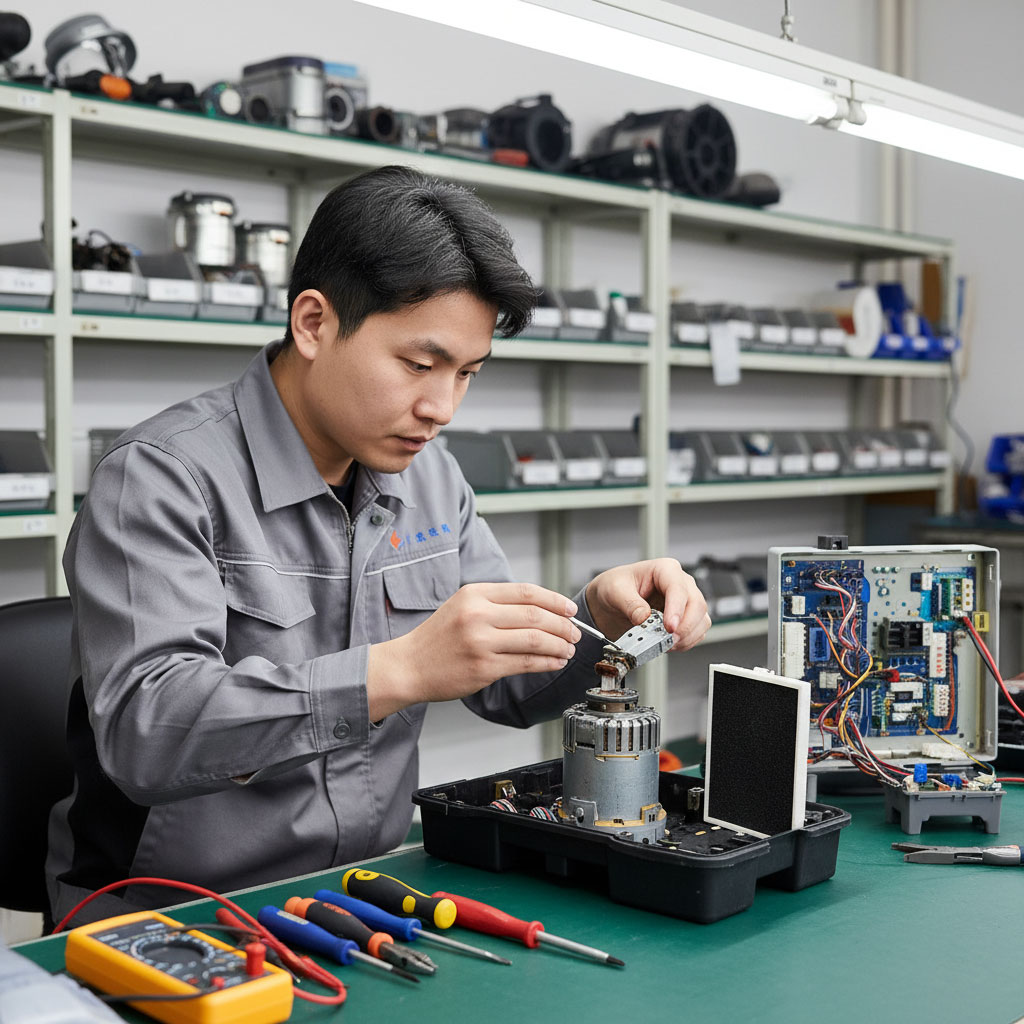 Kỹ thuật viên kiểm tra motor và quạt máy hút mùi trong quá trình bảo dưỡng chuyên nghiệp