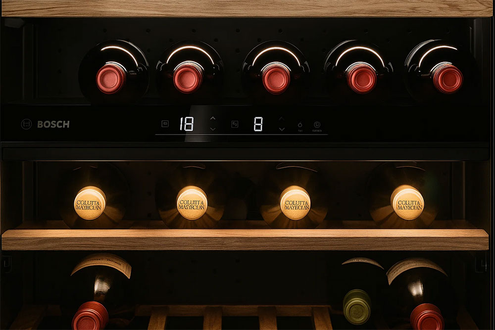 Kệ gỗ sồi bên trong tủ Bosch chứa chai rượu vang Ý, ánh sáng LED chiếu nhẹ qua cửa kính chống UV.
