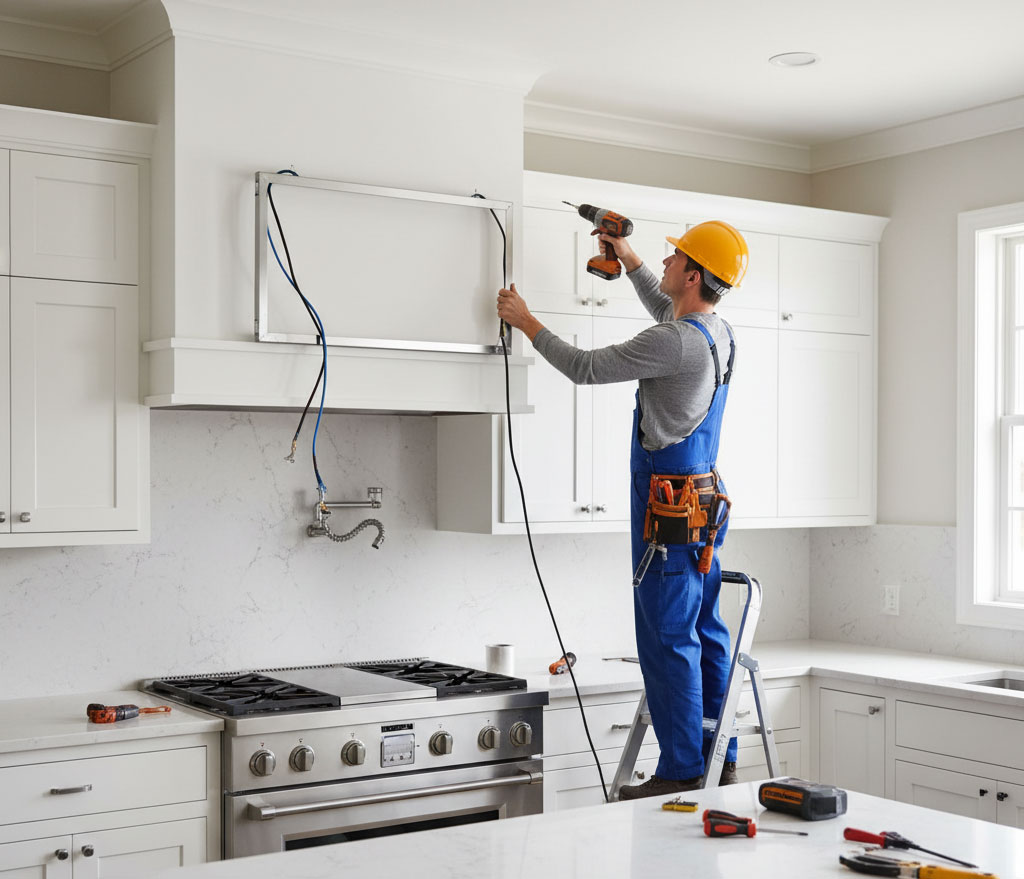 kỹ thuật viên đang lắp khung và nối máy hút mùi