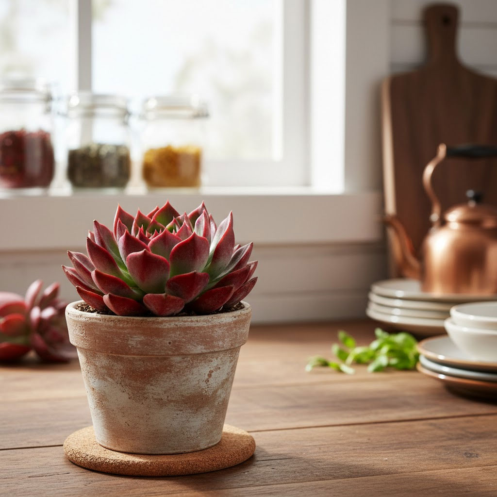 sen đá đỏ đặt trong khu vực bếp