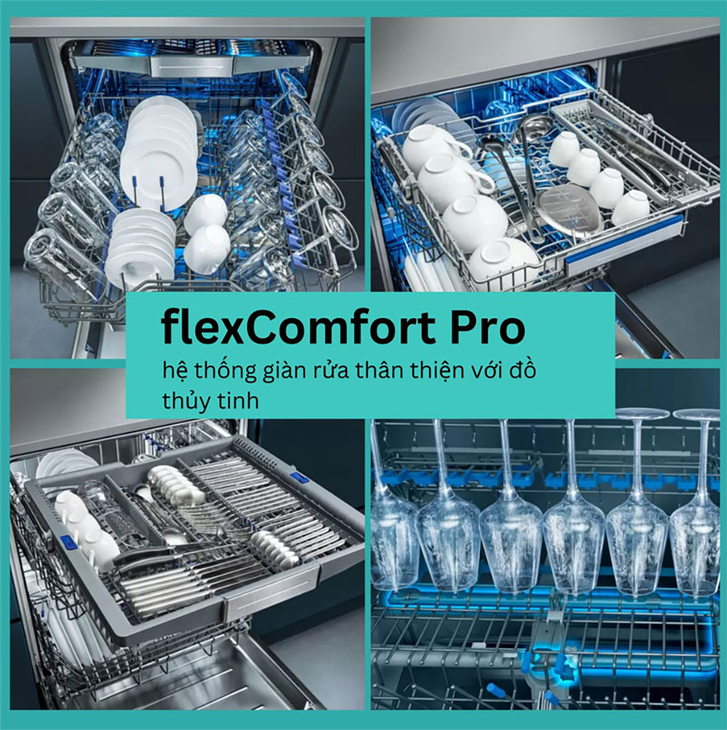 Giỏ Flex Comfort Pro với ly thủy tinh sáng bóng bên trong máy rửa chén Siemens